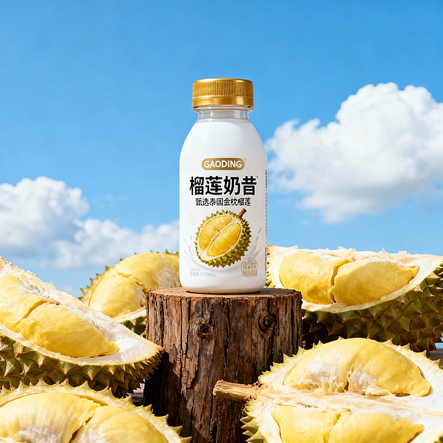 产品宣传图，一瓶GAODING榴莲奶昔包装，包装为白色瓶身 + 金色瓶盖，包装上印有 “榴莲奶昔”“甄选泰国金枕榴莲” 字样）；包装置于木桩之上；木桩和包装周围环绕新鲜剥开的金枕榴莲果肉；背景是晴朗的蓝天与白云，整体风格明亮清新、高饱和度、商业摄影质感，8K 分辨率。