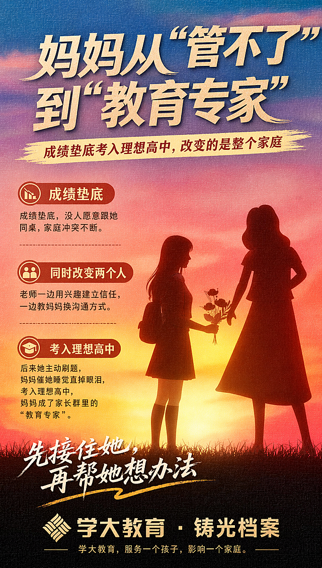 在原图基础上，填入文案，按照层级调整字体大小，内容文字不要太小，色彩搭配协调，画面高端大气又有朝气，文案排版合理：
大标题：妈妈从"管不了"到"教育专家"
副标题：成绩垫底考入理想高中，改变的是整个家庭
小标题：成绩垫底；成绩垫底，没人愿意跟她同桌，家庭冲突不断。
小标题：同时改变两个人；老师一边用兴趣建立信任，一边教妈妈换沟通方式。
小标题：考入理想高中；后来她主动刷题，妈妈催她睡觉直掉眼泪，考入理想高中，妈妈成了家长群里的"教育专家"。
标题：先接住她，再帮她想办法
标题：学大教育 · 铸光档案；学大教育，服务一个孩子，影响一个家庭。
保留原图的夕阳剪影两个人的画面效果，保持整体的氛围感。