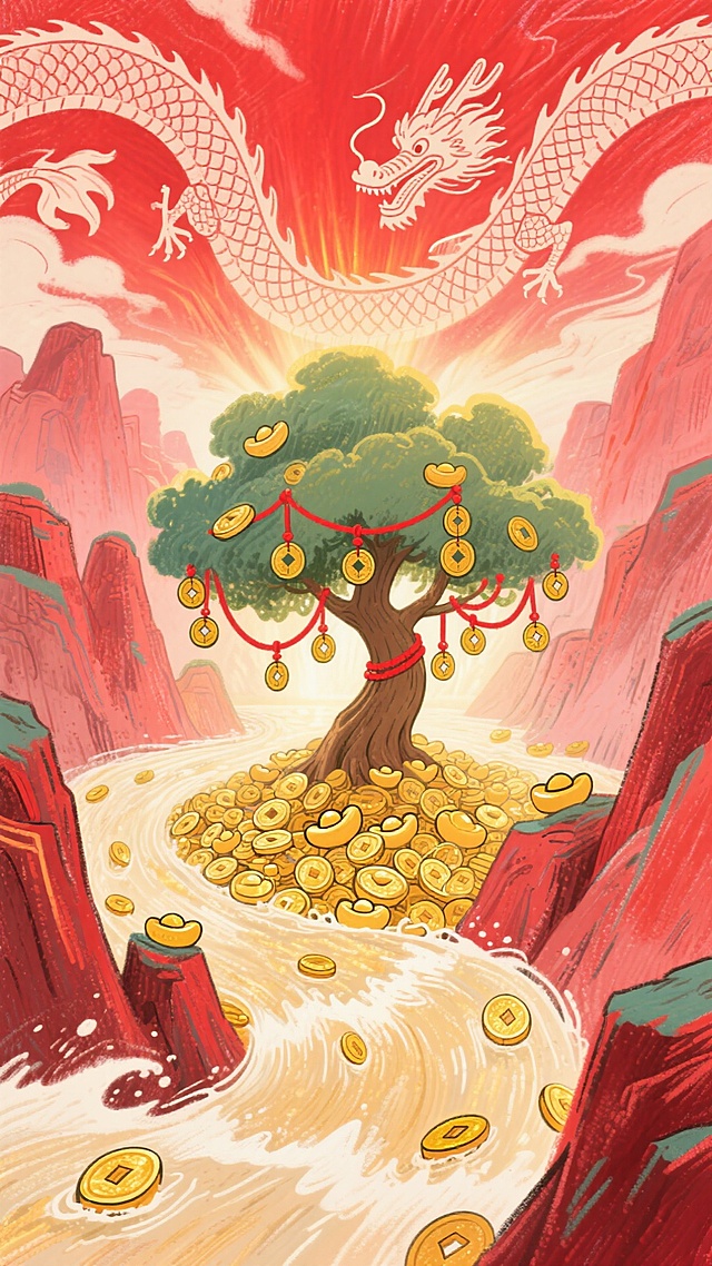 史诗般的场景，一条由无数金币和金元宝汇成的巨大河流，在红色的峡谷中奔腾流淌。天空中，祥龙的身影在红色的霞光中若隐若现，龙鳞反射出金光。一棵挂满红绳和铜钱的巨大发财树生长在河中央，光芒四射。画面壮观，充满神话色彩。