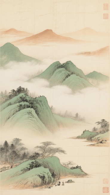 中国传统水墨风格山水画，米黄色宣纸纹理底，浅赭石色云雾缭绕山间，以淡墨与翠绿渲染出层叠山峦，远山朦胧近山苍郁，云雾轻盈飘逸，整体色调淡雅和谐，营造宁静悠远、禅意十足的东方意境，水墨笔触柔和晕染自然，采用垂直式深远山水构图，留白恰到好处，尽显古朴雅致的中式美学。预览效果
