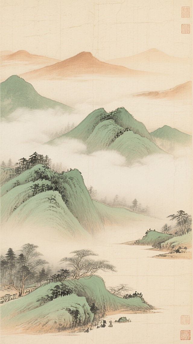 中国传统水墨风格山水画，米黄色宣纸纹理底，浅赭石色云雾缭绕山间，以淡墨与翠绿渲染出层叠山峦，远山朦胧近山苍郁，云雾轻盈飘逸，整体色调淡雅和谐，营造宁静悠远、禅意十足的东方意境，水墨笔触柔和晕染自然，采用垂直式深远山水构图，留白恰到好处，尽显古朴雅致的中式美学。