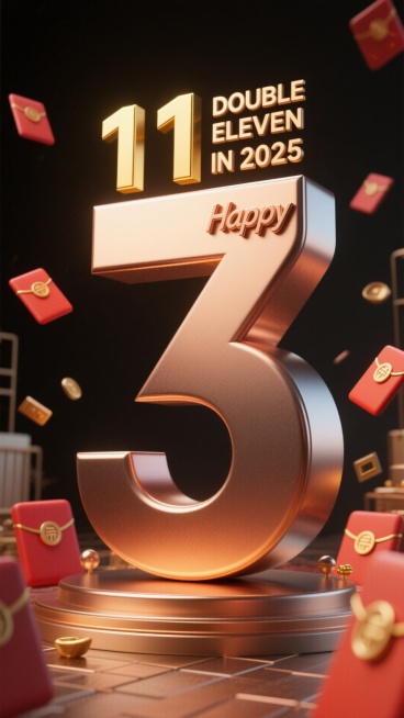 青铜颜色渐变青铜质感数字 “3”，背景为土黑色。顶部设置金色 “11” 数字与 “DOUBLE ELEVEN IN 2025” 文字，搭配铜色 “Happy” 标识，数字周围装饰红包元素，促销氛围预览效果