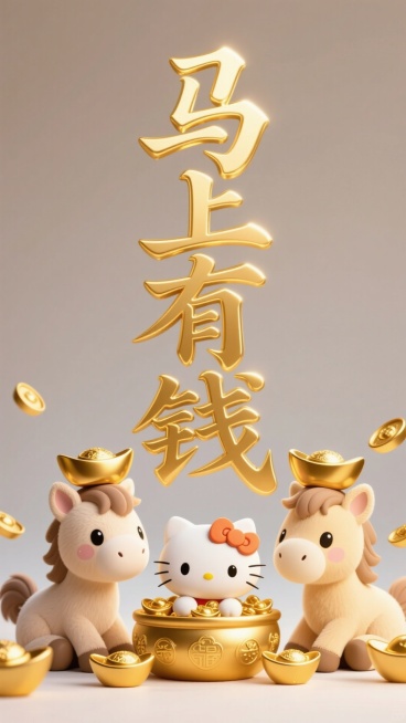 竖着居中写着鎏金色艺术字体“马上有钱"，两只卡通小马趴在下方的左右两边，头顶着元宝。一个kitty猫在小马的中间，聚宝盆，元宝喜庆色调，简单背景。预览效果