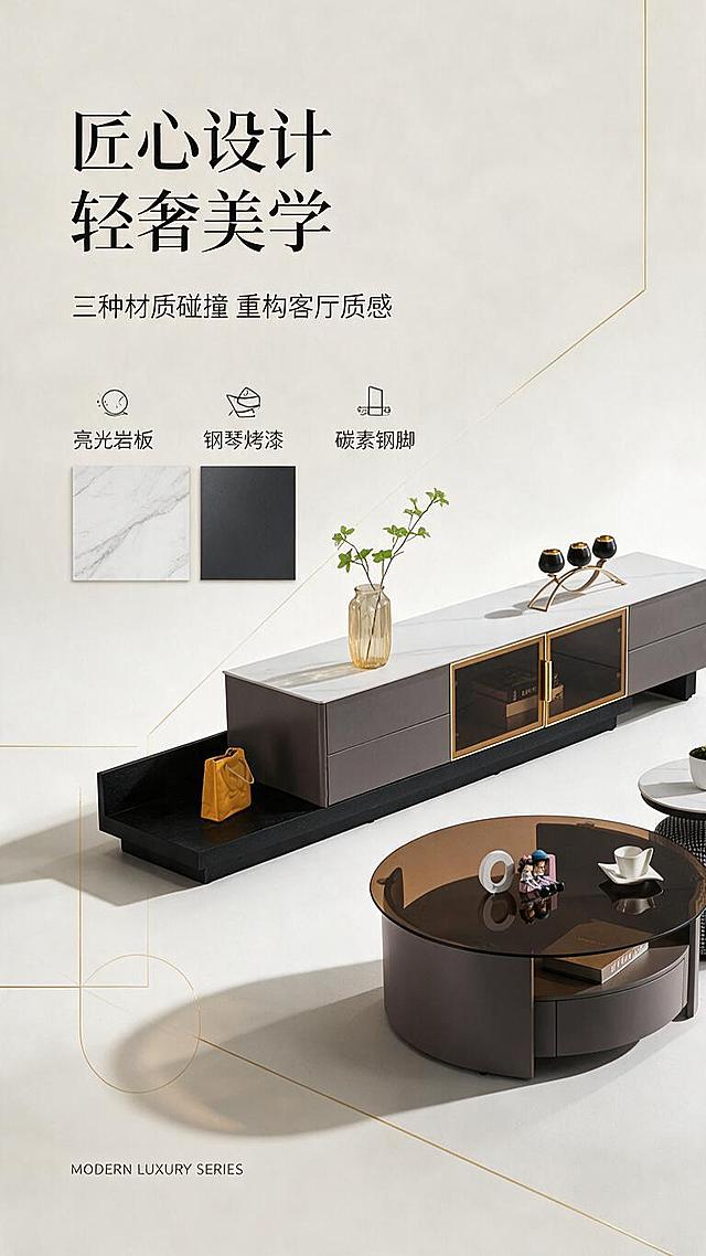 [第2张] 详情页设计美学页-轻奢风格叙事与材质搭配理念。本张使用【图1】作为产品主体，侧重设计理念表达。
[氛围/风格] 现代轻奢设计叙事风，高级灰调，几何构成感，杂志排版质感。
[元素布局] 产品置于画面右侧，占比约50%；左侧为设计理念文字区，搭配几何线条装饰、材质色块（岩板纹理小样、烤漆灰色块、黑砂钢色条）；背景为浅灰渐变，点缀金色细线条与几何图形；产品结构、颜色、材质与输入图一致。
[光影质感] 柔和侧光，产品边缘清晰，岩板台面有细腻高光，整体干净利落。
[配色色系] 全局底色 #EDEAE4（浅米灰）；主色深灰+鱼肚白；辅助色金色线条、黑色钢脚；点缀色暖棕。
[视角构图] 产品45°斜侧视角，左文右图版式，阅读动线从左上标题→中部材质说明→右侧产品。
[文字版式] 左侧大标题区+材质标签组+右侧产品。主标题「匠心设计 轻奢美学」，副标题「三种材质碰撞 重构客厅质感」；中部三组材质标签配图标：「亮光岩板」「钢琴烤漆」「碳素钢脚」；底部小字英文「MODERN LUXURY SERIES」；文字层级清晰，不遮挡产品。
[比例分辨率] 9:16 竖版比例，1K分辨率，文字清晰可辨，高清画质。
[负向提示词] 产品变形，缺件错件，颜色偏差，水印，文字错乱，文字过小，背景杂乱。