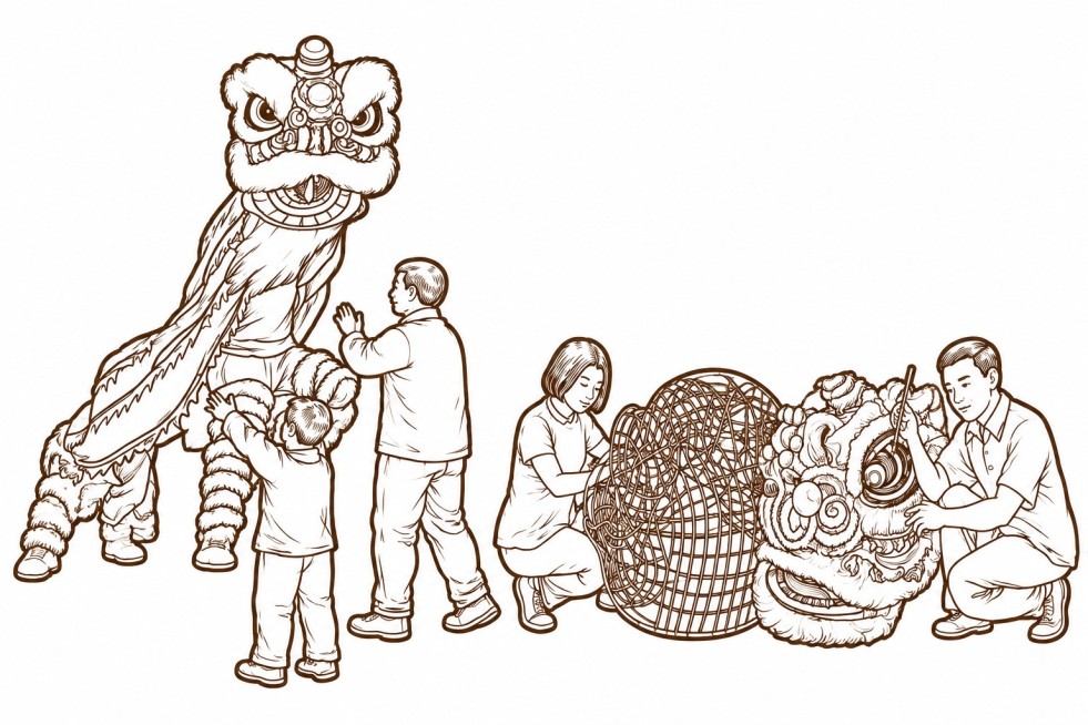 将画面中的舞狮和正在制作狮子的部分独立出来，并把这两部分的线描轮廓边加粗，保持棕色描边不变预览效果