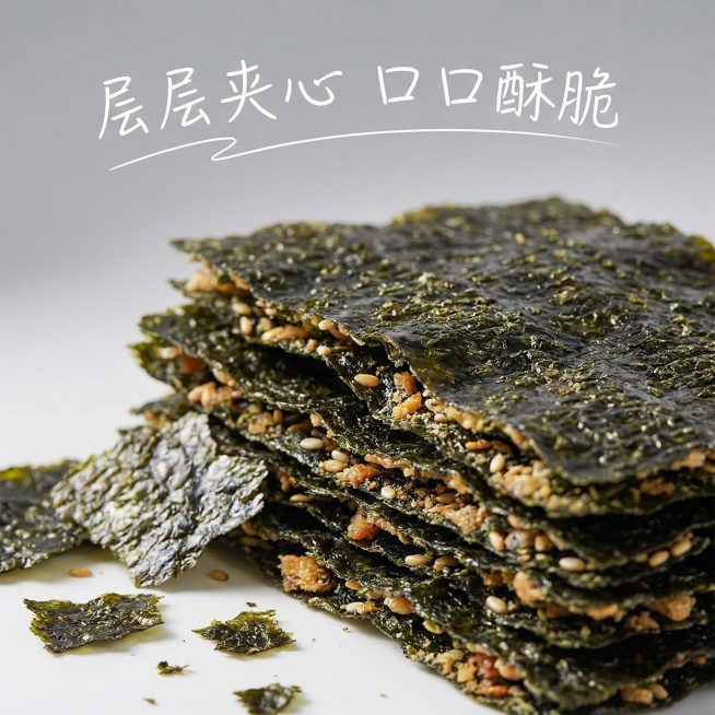 萌小猪夹心海苔脆细节特写图，近距离拍摄堆叠的海苔脆，清晰展示海苔的纹理和中间夹心的丰富原料，突出酥脆的质感，背景用浅灰色渐变，搭配"层层夹心 口口酥脆"的文字预览效果