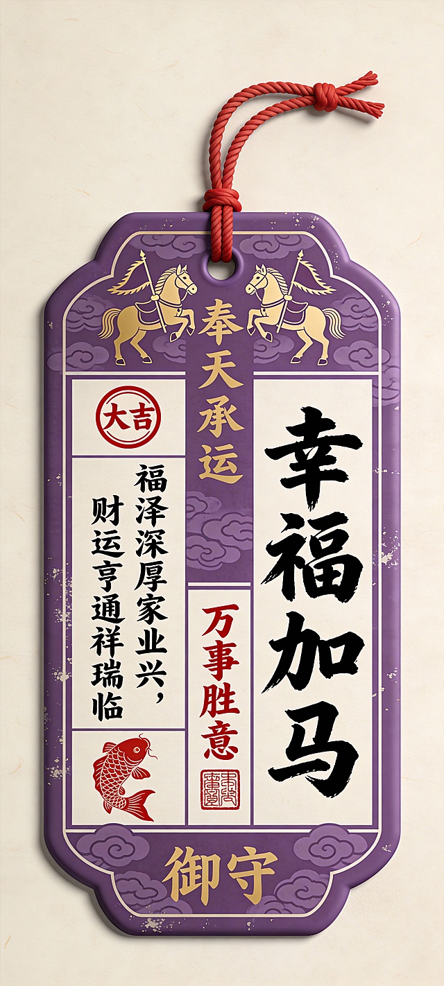 国潮风挂饰，融合中式复古与鎏金印刷元素，大字风书法“幸福加马”彰显喜庆，祥云骏马与红鱼寓意吉祥，节日氛围浓厚。