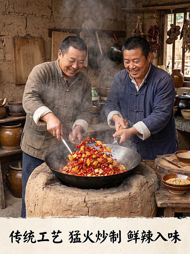 淘宝详情页第三张，饭匹兄弟风格，农家土灶炒制过程，两个饭匹兄弟风格的中年汉子在土灶台边翻炒剁椒萝卜，大铁锅里萝卜条混合着鲜红剁椒，热气腾腾，烟火气十足，背景是传统农村土砖房厨房，木质案板，陶制罐子，真实接地气，食欲感拉满。配文"传统工艺 猛火炒制 鲜辣入味"，粗手写字体放在画面底部。3:4比例，超高清，暖调自然光，文字清晰，负向提示词：变形，水印，文字错乱，背景杂乱