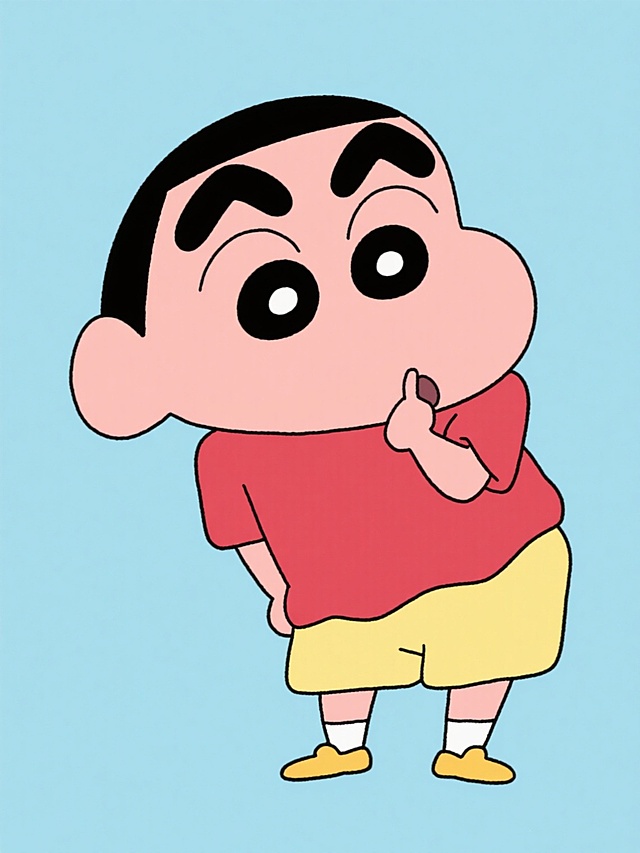 蜡笔小新动漫风格，蜡笔小新角色，经典形象：黑色粗眉毛、圆眼睛、红上衣、黄短裤、黄鞋子，右手放在嘴边做搞怪表情，身体微微倾斜，纯色背景（如浅蓝色/粉色/黄色），平面卡通风格，线条简洁流畅，色彩鲜明饱和，无文字，无logo，无水印，无其他元素，画面干净简洁。