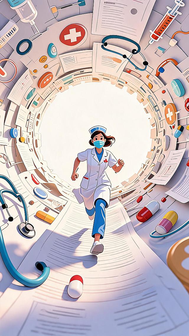 参考图片构图，奔跑的护士中心透视螺旋隧道，医疗元素围绕，去掉所有文字，平面手绘风格