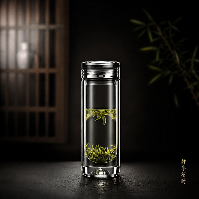 double-layer drop U-shaped borosilicate glass cup shape completely unchanged, cup brand new flawless crystal level extreme transparent zero scratch no water stain no yellowing, inside install green tea buds tea soup clear transparent no color pure, original transparent thread mirror metal lid complete retained mirror thread texture brand new no wear, dark Oriental tea room setting deep black main tone left side blurred semi-transparent gauze narrow wooden grid window light soft diffuse right side blurred slender tender willow branch hazy blurred almost integrate, master layered white cold contour soft light soft side light outline cup body transparent highlight light and shadow delicate advanced, matte micro cement black table top support cup large area dark blank soft cure wabi-sabi atmosphere, only right bottom vertical very short four characters text clear transparent extraordinary no extra text, low saturation black gold dark tone professional commercial retouch luxury still life blockbuster texture eliminate cheap market breath, 8K high definition commercial still life photography Sony A7R5 100mm macro F2.2 1:1 square Douyin e-commerce main image
