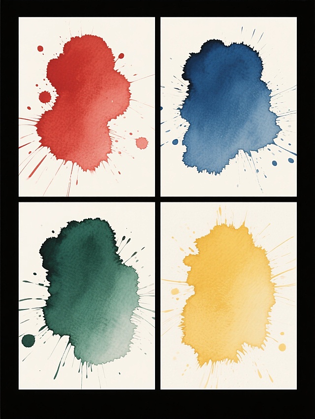 中国传统水墨风格，四格规整排布的系列素材集合，纯色背景，每个格子内为不同色彩的水墨泼溅效果，分别呈现浓淡不一的红色、蓝色、绿色、黄色墨团，边缘带有深浅过渡的墨晕和飞溅的墨点，保持水墨特有的流动性和层次感，整体画面简洁大气，具有东方艺术韵味，墨色边缘有自然的飞白和毛边效果，色彩晕染自然通透，展现传统水墨画的写意笔触和意境之美。