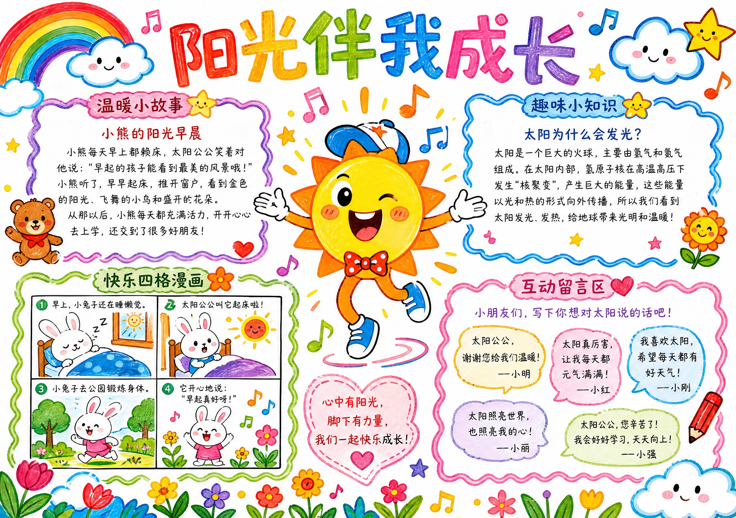 儿童创意手抄报模板，马克笔手绘风格，纯白色背景，横版A4尺寸。… - 图片创意预览