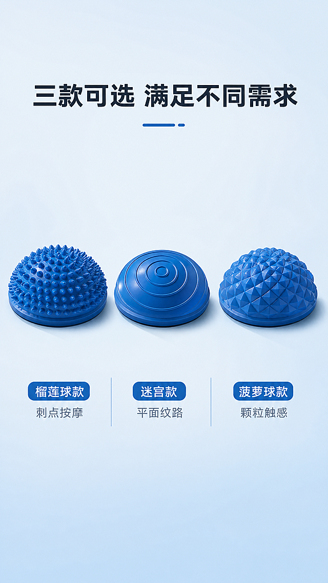 [商品] 使用【图1】（底部平面款/迷宫款）和【图5】（榴莲球款）；保留两款各自的结构特征：迷宫款=底部同心圆纹路平面，榴莲球款=半球刺点面；均为蓝色PVC材质；产品不变形，去除原木地板背景；补充菠萝球款（同尺寸半球形，菠萝纹理刺点），三款风格统一。
[画面] 第6张·三款总览，系列矩阵型。三款球横向并排排列，从左到右依次为：榴莲球款、迷宫款、菠萝球款；每款下方对应名称标签；产品占画面60%，上方留白放标题；三款大小一致，排列整齐，展示系列感。
[视觉] 套系策略：风格=极简大品牌质感商业摄影；标题字=现代无衬线粗黑体；正文字=简洁无衬线体；主色=纯净浅蓝（接近白色的淡天蓝）；背景延展=基于纯净浅蓝做上下微渐变，底部有柔和投影区，细腻哑光质感；强调色=深天蓝，仅用于款名标签底和分隔线；标题色=深炭灰蓝；正文色=中灰蓝；组件=圆角款名标签、极细分隔线；光影=左前侧统一柔和漫射光，三款光影方向一致。
[文字] 顶部主标题"三款可选 满足不同需求"；每款下方标签分别写："榴莲球款 刺点按摩""迷宫款 平面纹路""菠萝球款 颗粒触感"；文字全部横排，对齐整齐。
[规格] 图片比例9:16竖版，4K，负向提示：避免产品变形、比例失调、颜色改变、木纹背景、文字竖排、文字过小、营销活动元素、税务相关内容。