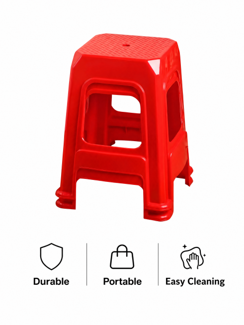 [Main Image-5] Red plastic stool product parameters and advantages display. [Atmosphere Style] High-预览效果