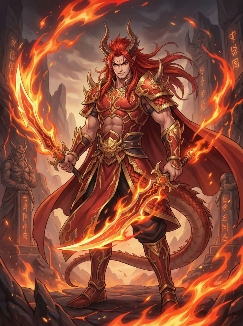 「图片1」类似画风的图，红发魔族男性，肌肉发达，身着红金相间的铠甲与披风，头上生有双角，身后有尾巴，双手持火焰弯刀并带有火焰特效，霸气姿态，精致细节预览效果