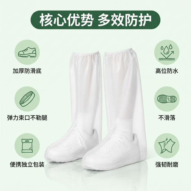[主图 2] 一次性防水雨靴套核心卖点展示图。
[氛围风格] 清爽明亮，突出功能性与实用性
[画质] 商业摄影质感、光线柔和通透、产品清晰真实、画面干净高级。
[元素] 产品居中放置，雨靴套穿着效果完预览效果