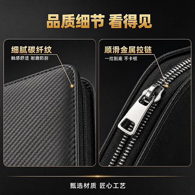 [主图-3] PU卡册材质与工艺细节展示，细腻碳纤纹+顺滑拉链双卖点。基于用户提供的黑色碳纤维纹理PU皮面拉链卡册，保持产品外观、颜色、结构完全一致。
[统一基调] 深灰黑色高级质感渐变背景，金色主标题字，白色辅助字，金色强调色，无衬线粗体标题字体，圆角卡片组件，细腻光影商业摄影质感，整体高端游戏卡收纳风格。
[画面] 画面采用左右分栏构图。左侧展示PU皮面特写：卡册封面的局部放大，细腻的碳纤维斜纹PU皮纹理清晰可见，皮面有自然的光泽和质感，用金色引线标注"细腻碳纤纹"，旁边小字说明"触感舒适 耐磨防刮"。右侧展示拉链细节特写：金属拉链头和拉链齿的微距特写，拉链齿咬合紧密整齐，金属质感强，用金色引线标注"顺滑金属拉链"，旁边小字说明"一拉到底 不卡顿"。画面顶部中央金色大标题"品质细节 看得见"。画面底部有一条金色细线分隔，下方白色小字"甄选材质 匠心工艺"。
[光影质感] 微距摄影级布光，侧光突出碳纤维纹理的凹凸质感和金属拉链的高光反射，细节锐利清晰，景深适中，主体清晰背景虚化。
[配色] 深灰黑渐变背景，金色标题和引线标注，白色说明文字，黑色碳纤维PU皮面，银色金属拉链。
[文字版式] 顶部中央主标题最大最粗；左右两侧各有一组引线标注，标注文字清晰，说明文字缩小50%；底部标语居中。
[输出要求] 1:1正方形，2048x2048，文字清晰锐利，材质细节清晰，无错字，无水印，无平台Logo，无多余杂物。