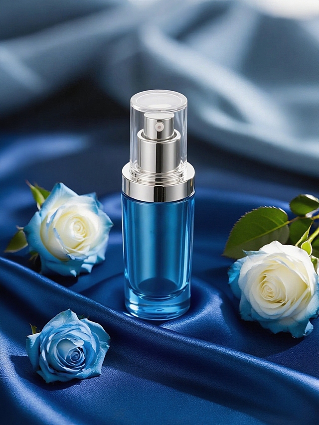产品放置在蓝色有质感的绸布上，瓶身周围环绕蓝白渐变的玫瑰，搭配绿色布料等物件，背景为浅蓝到白色渐变，画面暗色调，主体逆光