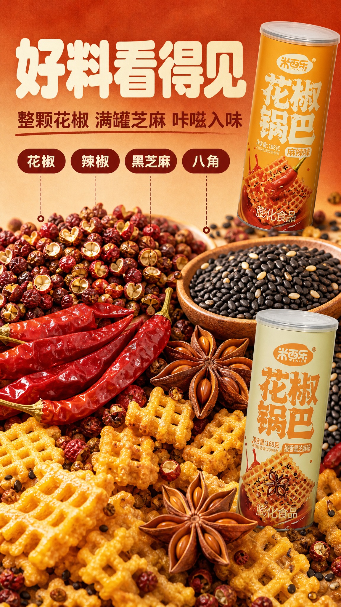 [商品] 使用【图1】米西乐花椒锅巴麻辣味罐装 与【图2】米西… - 图片创意预览