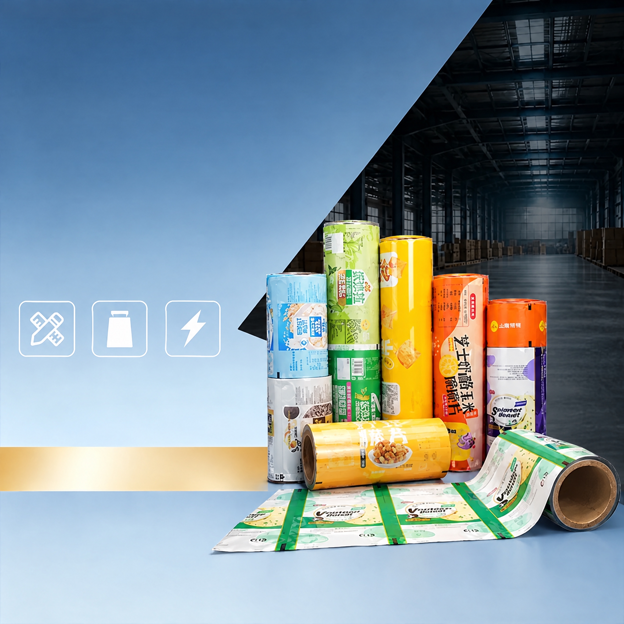 将图一中所有的食品包装袋产品全部替换为图二中的食品包装卷膜产品… - 图片创意预览