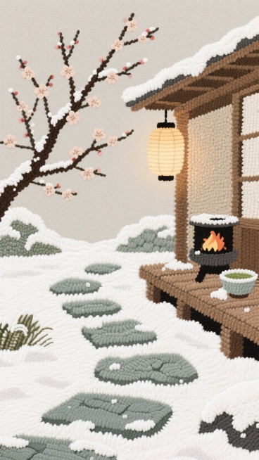 日式庭院的青石小径铺雪，石灯笼亮着暖光，梅枝斜伸，花瓣沾雪。木廊下摆着暖炉，放着抹茶碗，雪落在灯笼纸罩上，浅棕 + 雪白配色，静谧禅意的冬日氛围。预览效果