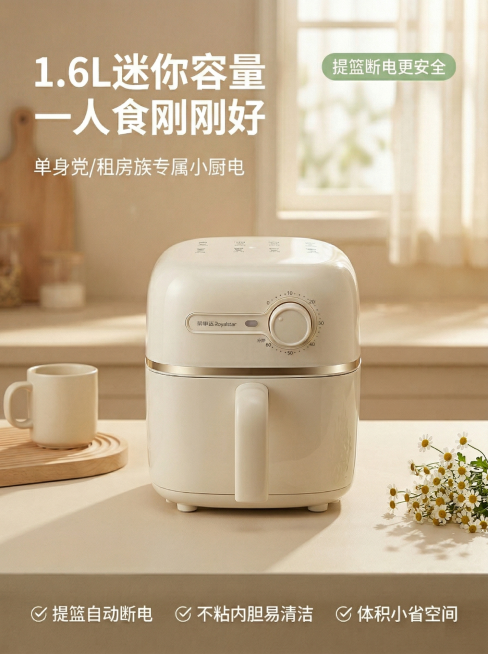[垫图]用户上传的image1（原首图场景图）、image2（产品实物图）；[主图主题]1.6L一人食迷你空气炸锅首图；[氛围/风格]简约明亮奶油风，小清新家居感，午后柔和自然光漫射，温馨治愈，和im预览效果