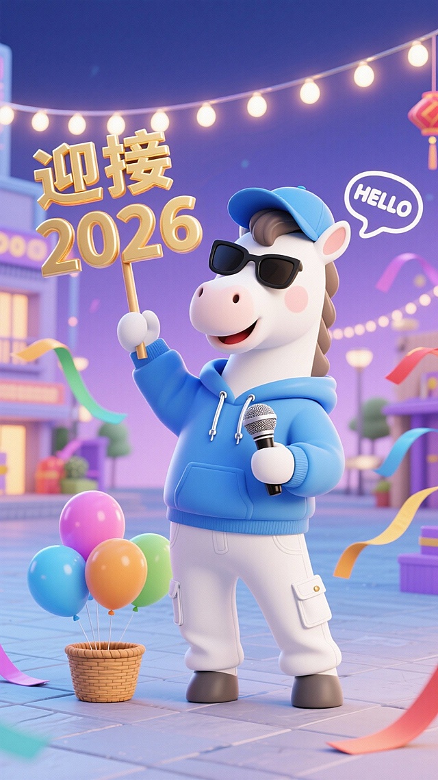 软3D风格拟人小马，身穿潮流服饰，手持“迎接2026”标语与麦克风，搭配气球与彩灯，营造卡通感十足的节日氛围，充满喜庆与波普艺术气息。
