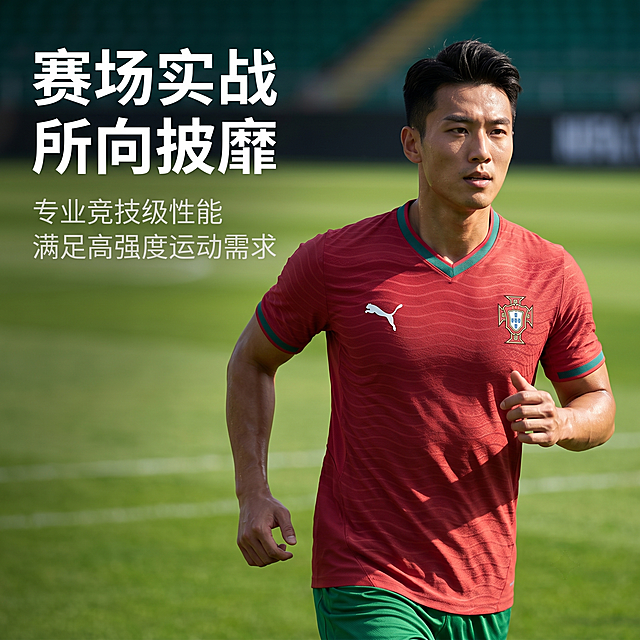 严格还原葡萄牙球衣颜色、LOGO位置、波浪暗纹所有细节，1:1比例科技机能风主图。高清专业足球场草坪背景，白天阳光明媚场景。中国运动型男模特穿着球衣在球场上奔跑，动态自然有活力。左文右图排版：左上角白色无衬线极简粗体主标题“赛场实战 所向披靡”，主标题下浅灰色细体副标题“专业竞技级性能 满足高强度运动需求”，动态模糊背景突出人物，产品占画面75%文字占20%，增强代入感。