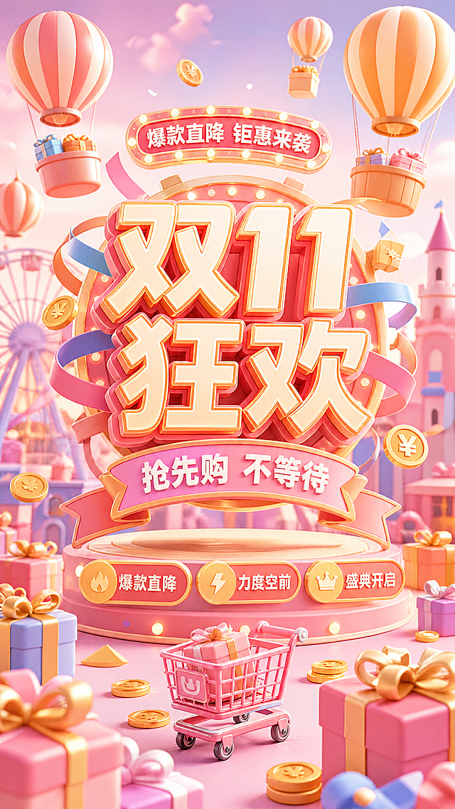3D C4D卡通风格双11电商海报，马卡龙暖橙粉配色，热气球礼盒促销氛围感，参考图版式骨架；主标题是“双11狂欢”，副标题是“抢先购 不等待”，装饰文案“爆款直降 钜惠来袭”，卖点“爆款直降、力度空前、盛典开启”；画面布局为居中主标题+热气球装饰背景，金币礼盒点缀，整体营造热闹促销氛围，版式精美，9:16比例，所有文字清晰可读，不遮挡主体，配色活泼明快，超高清4K画质