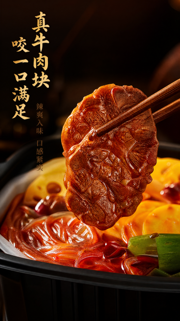 [第4屏] 海底捞麻辣嫩牛自煮火锅牛肉质感动作特写屏。
[氛围/风格] 微距食欲特写，浓郁麻辣氛围，高清商业摄影质感。
[元素布局] 画面中心用筷子从火锅中夹起一块完整的嫩牛肉，牛肉纹理、红油包裹清晰预览效果