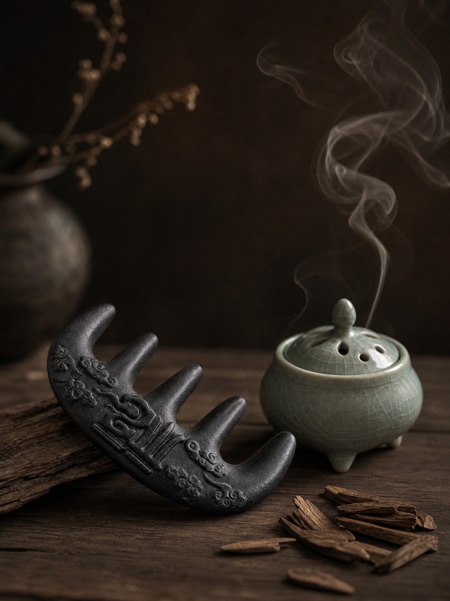 [主图-8] 合香梳子与香道元素组合图，突出合香主题和东方香文… - 图片创意预览