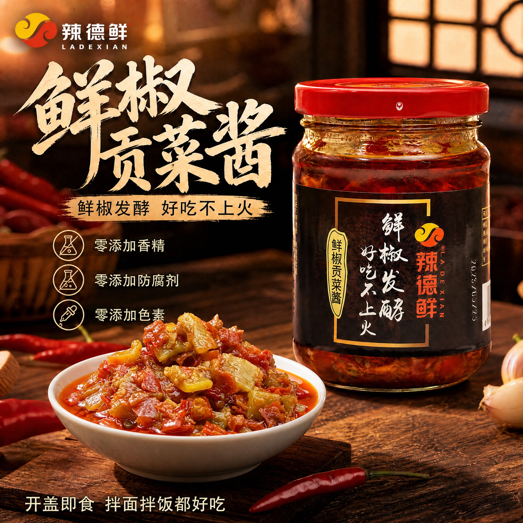将画面中白碗里的辣椒酱替换成第二张参考图中的贡菜酱细节和色彩：… - 图片创意预览