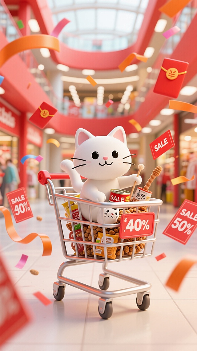 一个白色小猫开心的坐在购物车快速向观众方向冲的强动态感，购物车里面是猫粮、逗猫棒、猫罐头等各类宠物用品，四周漂浮彩带、红包，点缀红色优惠券，上面是“SALE” 标签、“40%”“50%” ，背景商场中庭，纵深感，橙红色配色
