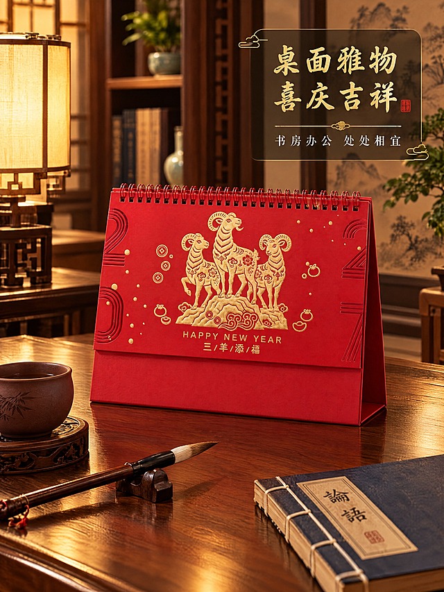 [商品] 使用三羊添福款台历；外观与参考图完全一致，保留全部结构和颜色，精雕烫金质感。
[画面] 场景展示，目标：书房桌面真实场景。单场景沉浸型构图，新中式书房场景，深棕色实木书桌上摆放台历，45度角自然摆放，旁边有紫砂茶杯、毛笔、线装书。暖黄色台灯光线，整体古雅有文化气息。台历融入场景自然，不悬浮。
[视觉] 套系策略：风格=中国红高端精雕商业摄影；标题字=大气书法体（金色）；正文字=现代宋体（白色）；主色=中国红+烫金+木色；背景延展=书房暖木色调+台灯光影；强调色=金色，用于标题装饰和图标；标题色=金色；正文色=白色；组件=半透明深色信息卡、金色细线引线；光影=暖黄台灯光，台历正面柔光，融入场景自然。
[文字] 画面右上角半透明深色卡片内，主标题"桌面雅物 喜庆吉祥"金色大字；副标题"书房办公 处处相宜"白色小字。文字不遮挡台历主体。
[规格] 比例3:4竖版，2K分辨率，避免变形、错字、悬浮、外观不符、冷蓝调。