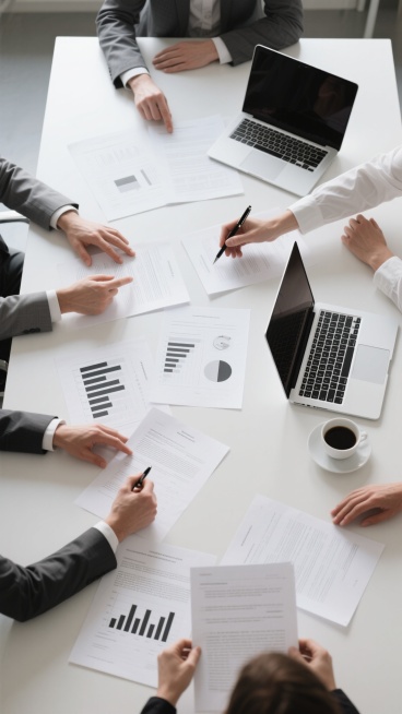 高角度俯拍视角下的现代办公场景，明亮自然光从上方洒下，光线柔和均匀，营造出专业、高效且略带紧张的商务氛围。画面中央是一张整洁的白色办公桌，桌面上散落着多份打印的合同文件、数据图表和黑白条形统计图，纸张边缘整齐，文件上有清晰的文字和线条。几位身着正式西装（深灰、浅灰、白色等中性色调）的商务人士的手在桌面上忙碌：有的手持黑色钢笔正在签署文件，笔尖指向纸面；有的手指着文件上的关键数据或条款，进行细致……预览效果