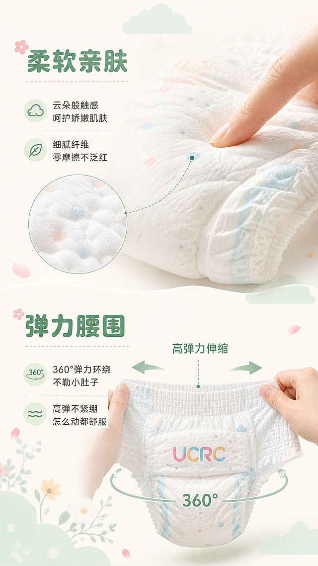 [商品] 使用【图1】UCRC优可瑞婴儿纸尿裤，提取纸尿裤本体形态；保留产品外观，左侧展示面料柔软细节特写，右侧展示腰围弹力拉伸效果。
[画面] 柔软亲肤+弹力腰围双卖点页，上下分两区：上半区展示面料微距特写，手指轻触面料表现柔软质感；下半区展示腰围弹力拉伸的动态示意。左右布局搭配图标和文字说明。背景为米白色，点缀浅薄荷绿的柔和云朵和花瓣元素。
[视觉] 套系策略：风格=简约清新母婴商业摄影风；标题字=圆润无衬线粗体（圆角柔和）；正文字=简洁圆润无衬线体；主色=浅薄荷绿+米白；背景延展=米白底色搭配浅薄荷绿柔和色块、云朵、花瓣等柔软元素；强调色=柔粉色，用于柔软图标点缀；标题色=深薄荷绿；正文色=暖灰绿；组件=圆角软图标、细线引线、云朵装饰；光影=柔和侧光，突出面料纤维纹理和柔软质感。
[文字] 上半区标题"柔软亲肤"，配短句"云朵般触感 呵护娇嫩肌肤""细腻纤维 零摩擦不泛红"。下半区标题"弹力腰围"，配短句"360°弹力环绕 不勒小肚子""高弹不紧绷 怎么动都舒服"。文字横排，分两区清晰排布。
[规格] 图片比例9:16竖版，4K，避免变形、错字、文字过小、硬质感、高饱和颜色。