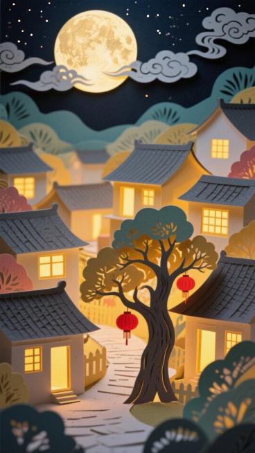 全景式纸雕村落夜景，房屋屋顶以深灰剪纸表现，家家户户窗户透出暖黄纸雕灯光，村口有纸雕古槐，树上挂着红灯笼纸雕，天空是巨大的圆形纸雕圆月，周围环绕祥云剪纸，整体色调温暖预览效果