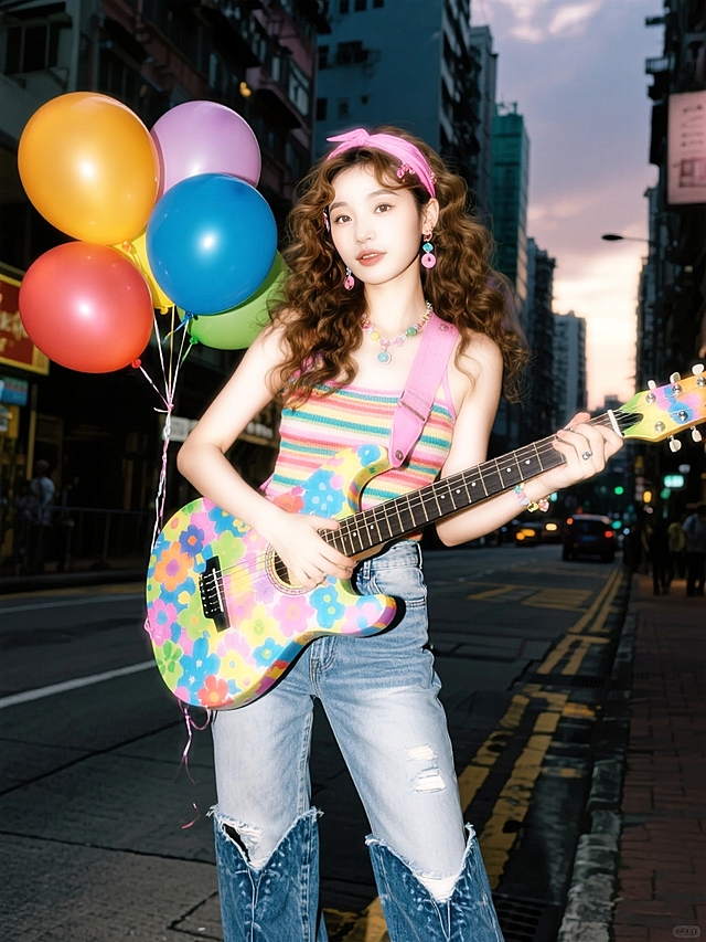 甜美潮流city pop风，漫画霓虹灯色彩，手持气球与吉他，街头梦幻氛围。
