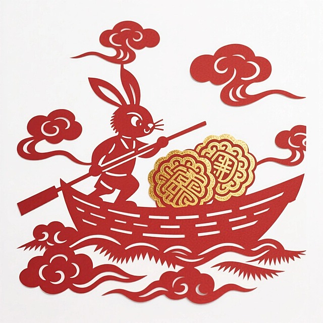 动漫风格，一只船夫造型的拟人兔子载着有两个超大烫金的金月饼，祥云环绕在船周围，动态感。白色背景