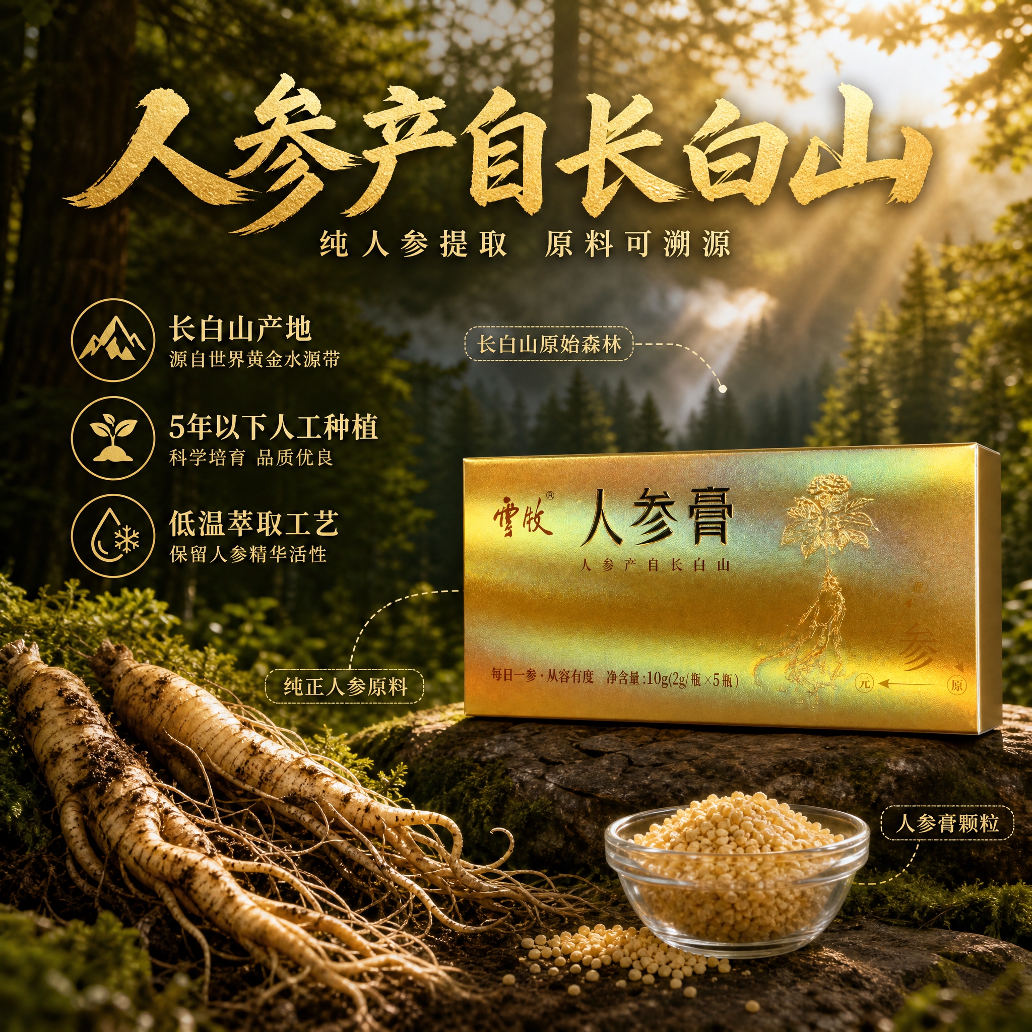 [主图-2] 云牧人参膏原料溯源图 展示长白山产地与纯人参提取… - 图片创意预览