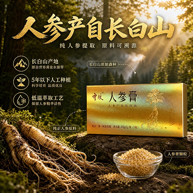 [主图-2] 云牧人参膏原料溯源图 展示长白山产地与纯人参提取 建立信任
[统一基调] 高端滋补养生风格 暖金深棕配色 自然暖阳逆光 主标题用厚重书法体金色字 辅助文案用细黑体浅金色 整体干净通透有品质感
[画面] 画面中央偏右放置云牧人参膏金色包装盒 正面展示 产品占画面约40% 背景为长白山原始森林实景 参天松树 山间雾气 阳光穿透林间 前景左侧摆放几支带土的新鲜长白山人参 人参纹理清晰 芦头完整 旁边有一小碗倒出的人参膏颗粒 微距展示颗粒饱满色泽金黄 用细虚线从产品包装盒引向背景山林和前景人参 标注产地与原料来源
[光影质感] 自然森林丁达尔光效 阳光从林间斜射下来 形成光束 产品受光均匀 人参表面有泥土湿润质感 人参膏颗粒有通透光泽 底部有柔和阴影 整体温暖自然有呼吸感
[配色] 主色森林绿 暖金色 深棕色 辅助色米白 土黄色 文字主色亮金色 辅助色白色
[文字版式] 上方主标题"人参产自长白山" 标题下方分两行小字"纯人参提取 原料可溯源" 画面左侧用图标加文字形式列出三个要点"长白山产地" "5年以下人工种植" "低温萃取工艺" 文字不遮挡产品主体 主标题最大 要点文字中等大小
[输出要求] 1:1正方形 2048×2048 文字清晰可读 产品包装外观与输入图完全一致 禁止变形错字模糊杂乱水印 禁止医疗功效宣称 禁止绝对化用语