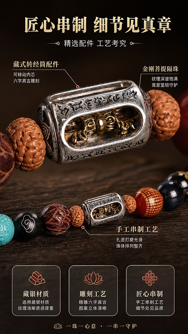 [商品] 使用【图8】【图9】黄财神车挂金属配件部分；保留藏银六字真言转经筒配件、金刚菩提隔珠、红玛瑙心经珠、紫檀莲花珠、黑檀祥云珠等；保留金属配件的做旧质感、雕刻文字、内部转经结构；增强金属质感与雕刻细节清晰度，不改变配件结构和颜色。
[画面] 页面目标：工艺与材质展示，突出配件做工与串制品质。构图：竖版，上方为转经筒配件大特写占画面40%，下方展示珠串连接细节占30%。景别：微距+中景组合。背景为深棕暗调渐变，突出金属与珠串质感。阅读动线：从上至下，上方标题，中部配件特写，下方工艺说明。
[视觉] 套系策略：风格=国风禅意高级商业摄影；标题字=国风宋体粗体；正文字=现代无衬线体；主色=暖金+深棕；背景延展=深棕到黑的渐变暗调，细腻质感；强调色=朱砂红，仅用于标注点和小图标；标题色=暖金色；正文色=浅米白；组件=细金线引线标注、圆角小信息卡；光影=侧上方暖硬光，突出金属浮雕立体感与做旧质感。
[文字] 上方主标题「匠心串制 细节见真章」，副标题「精选配件 工艺考究」，画面中用引线标注3个工艺细节：「藏式转经筒配件」「金刚菩提隔珠」「手工串制工艺」，文字标注分布在配件两侧，不遮挡主体。
[规格] 图片比例9:16竖版，4K分辨率，淘宝/天猫详情页适配，中文文案，避免变形、错字、文字过小、冷蓝背景、配件结构失真、绝对化用语、宗教敏感表述。