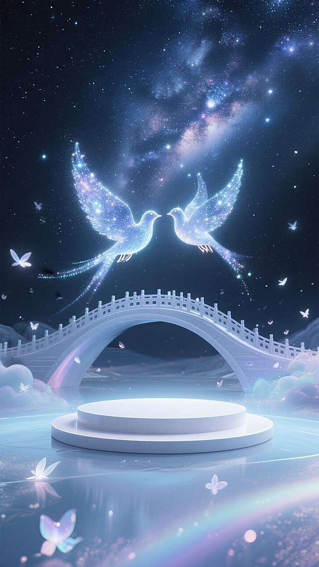 银河鹊桥悬浮于星空，鹊桥前面有一个梦幻白色圆形展台，柔光粒子飘散。