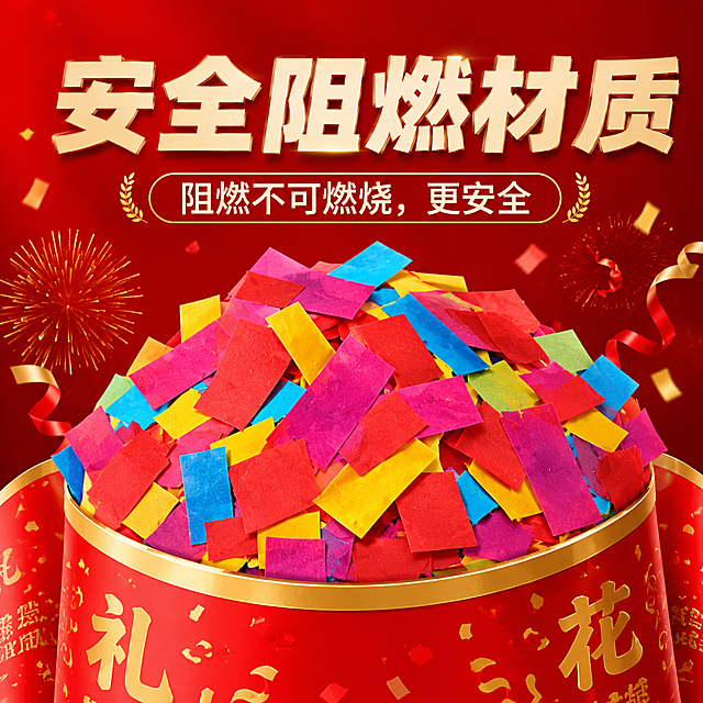礼花产品电商主图，突出展示彩色纸屑填充，上方配大标题"安全阻燃材质"，下方配小字卖点"阻燃不可燃烧，更安全"，喜庆红色电商风格