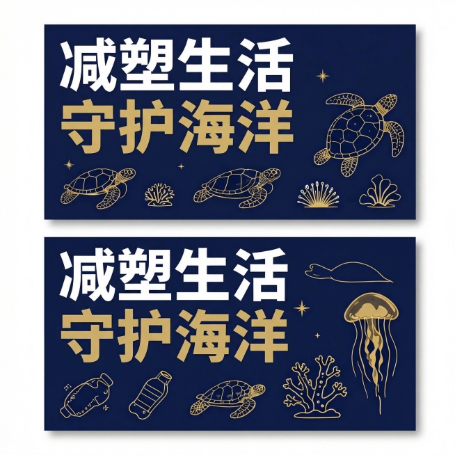 将海报文字替换为中文“减塑生活 守护海洋”，优化文字排版，保持原有深海军蓝背景、金色海洋生物线条插画风格和高对比度美学预览效果