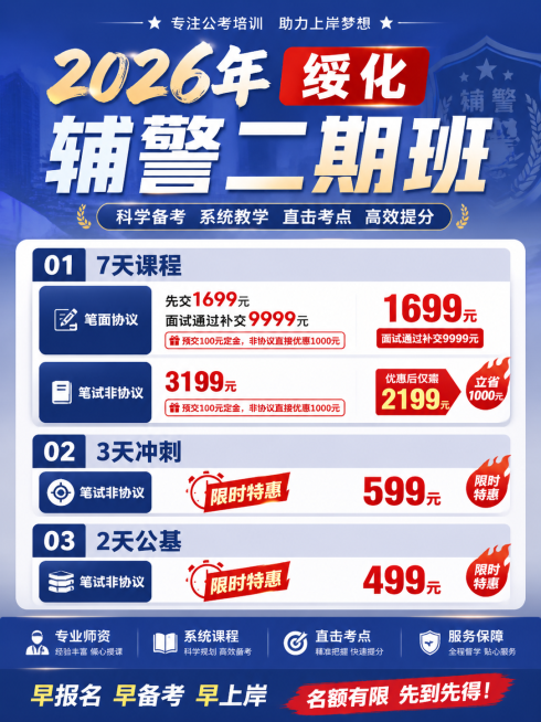 制作公考培训课程宣传海报，主题为"2026年绥化辅警二期班"，海报中需要清晰展示课程收费信息：
1. 7天课程
   - 笔面协议：先交1699元，面试通过补交9999元；预交100元定金，非协议直接预览效果