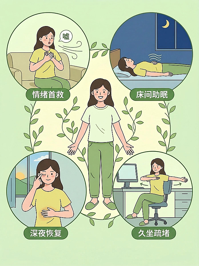 修改图片：修正右下角错误的中文文本为正确的"久坐疏堵"，删除图片底部的虚线框和预留小字区域文字，保持原有构图、风格、色调不变，整体依然是四合一疏肝技巧的公众号内页配图，扁平化插画风格，清新嫩绿色和鹅黄色主色调