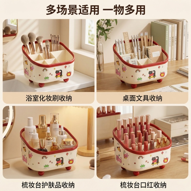 [主图 4] 卡通收纳盒多场景使用展示
[氛围/风格] 真实生活场景，温馨自然，明亮通透
[画面元素] 采用四宫格布局展示四个使用场景：1. 浴室化妆刷收纳；2. 桌面文具收纳；3. 梳妆台护肤品收纳预览效果
