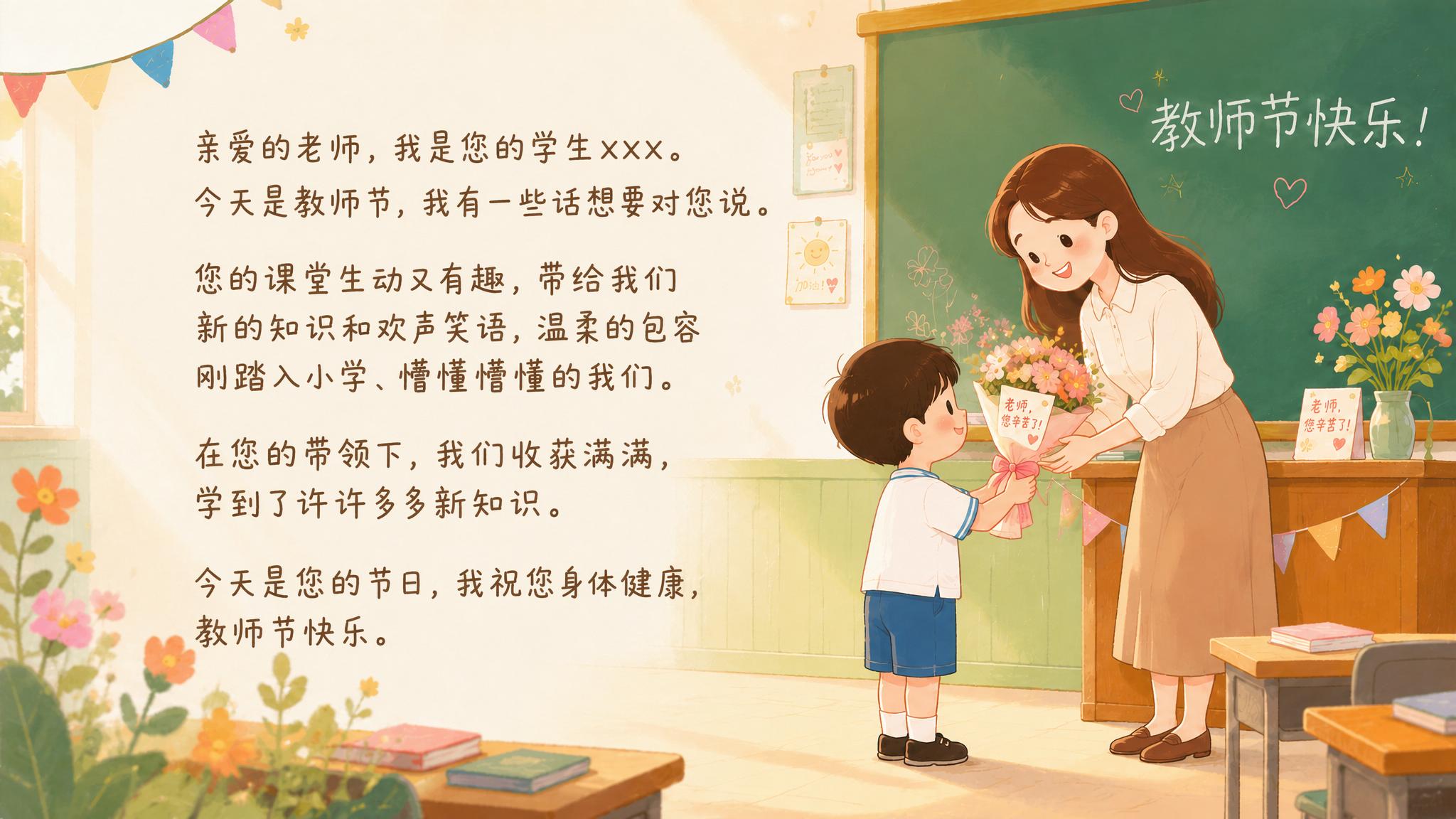 在图片左侧的空白区域添加完整的教师节祝福语，使用温暖可爱的卡通… - 图片创意预览
